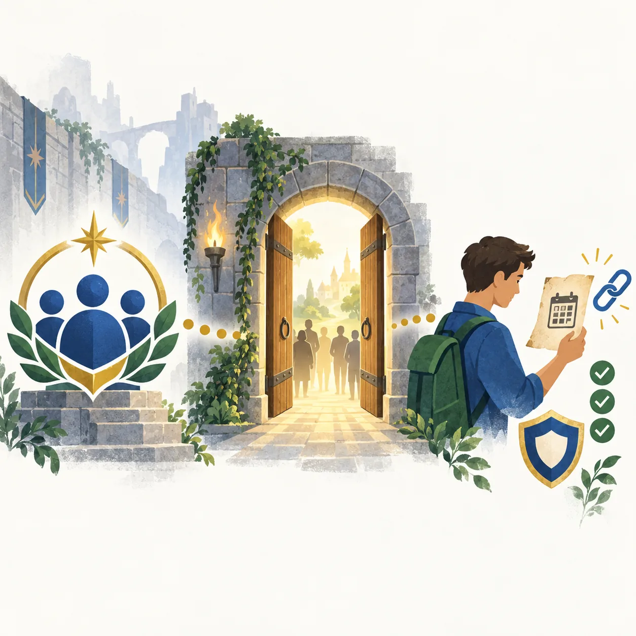 Non-official editorial illustration of checking a creator source, a dated community link, and safety marks before joining a game community