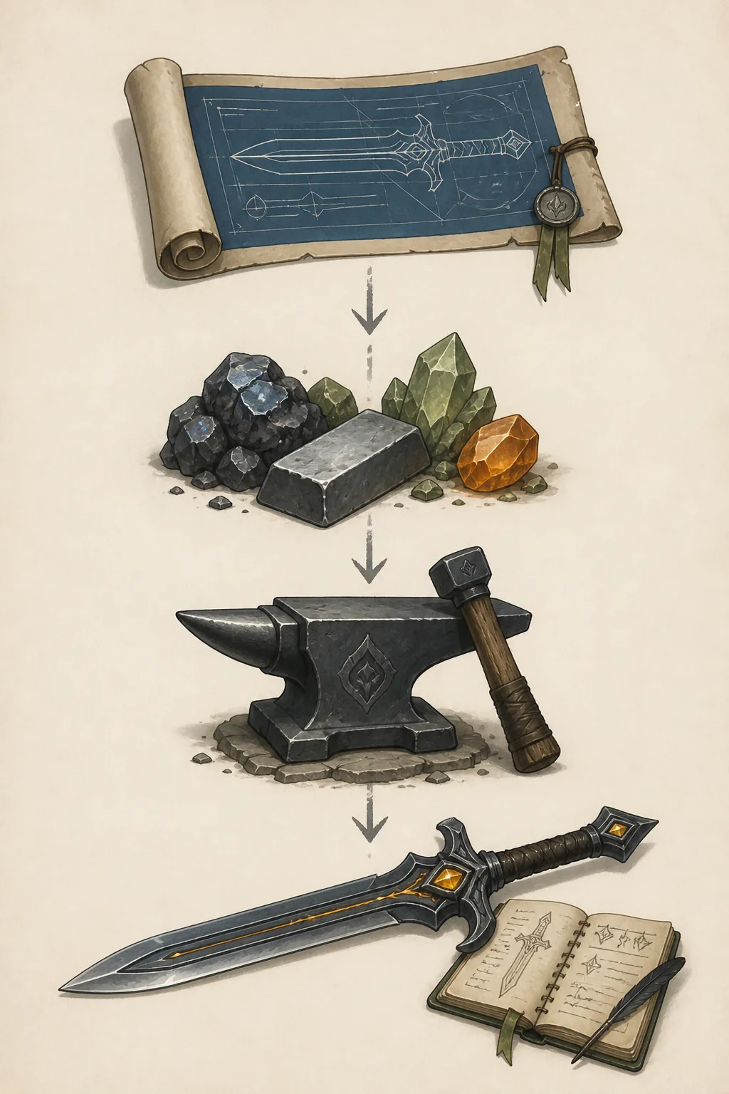 Non-official editorial illustration showing a blueprint, materials, anvil, weapon, and notes as a forge workflow