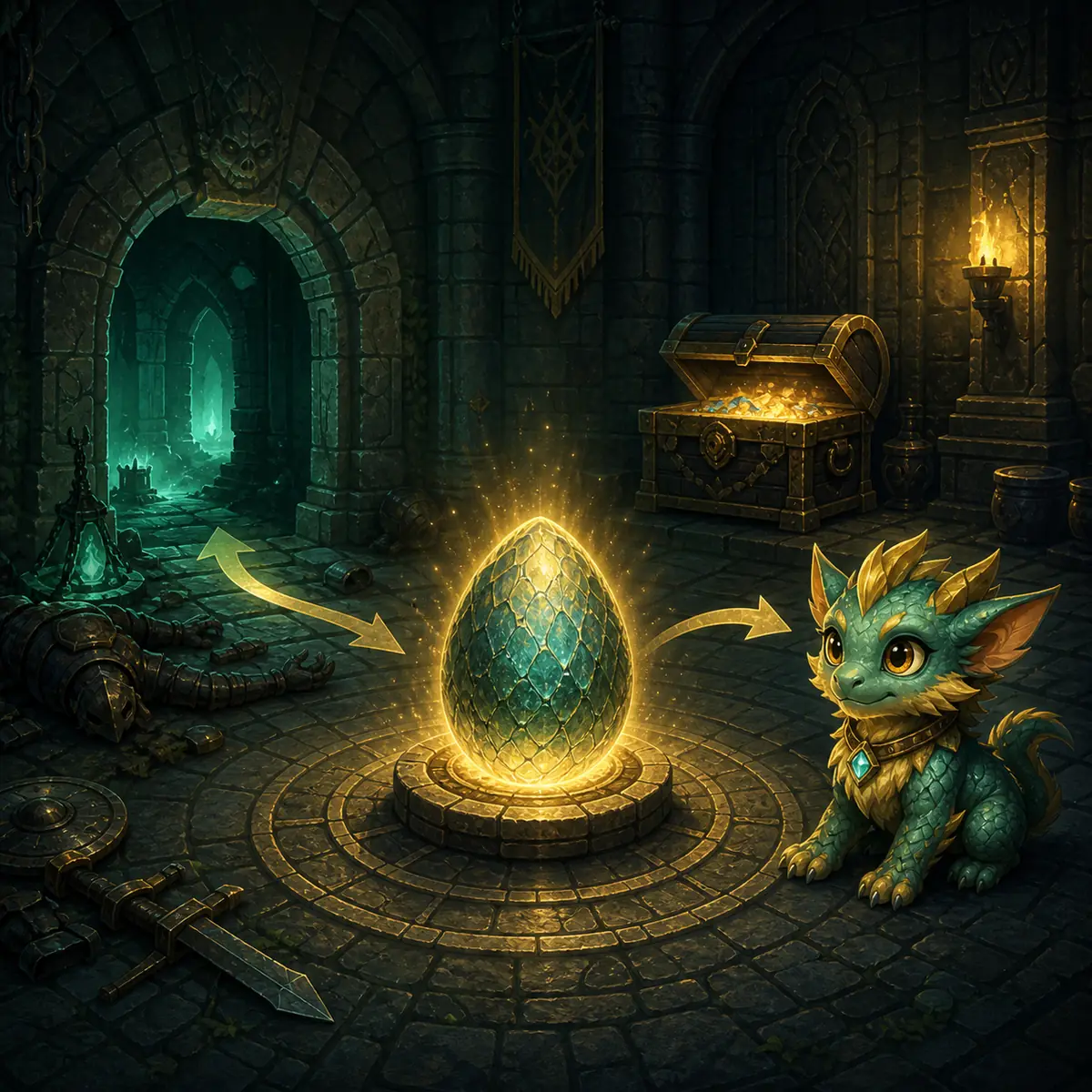 Non-official editorial illustration showing a dungeon path leading from a reward chest to a glowing pet egg and fantasy companion