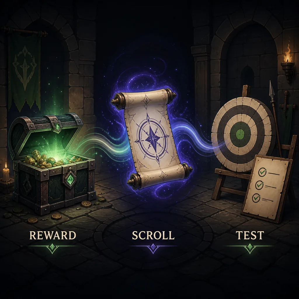 Editorial illustration of a dungeon reward leading to a magic scroll, a controlled test, and a progression decision