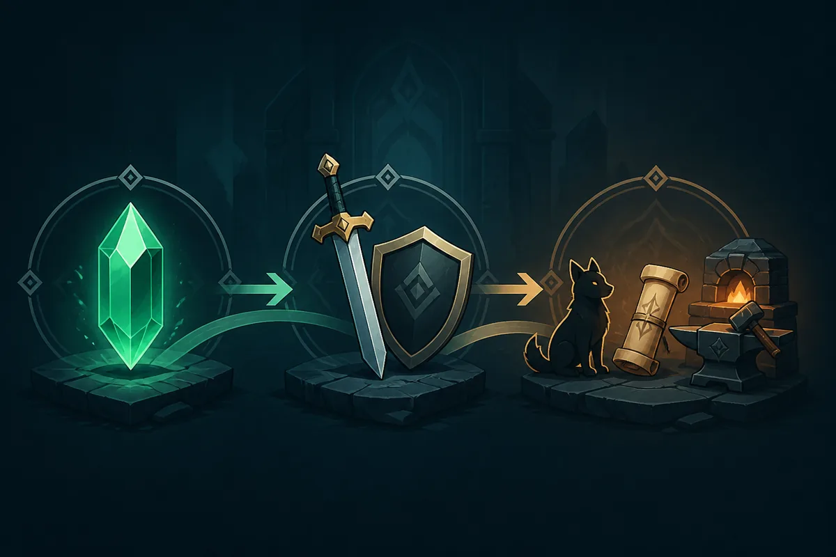 Editorial illustration showing a crystal, weapon, pet, scroll and forge in a progression flow