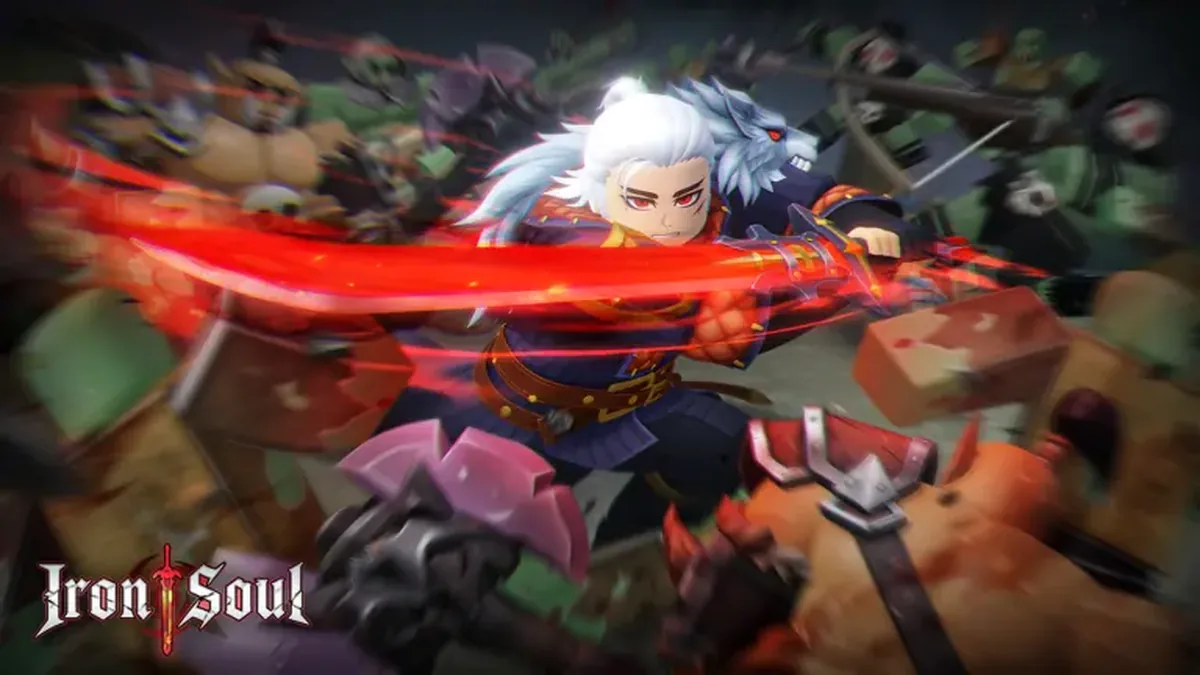 Official Iron Soul Dungeon Roblox artwork showing a sword attack in a crowded battle